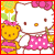 Static pixel art icon featuring Hello Kitty holding hands with a yellow bear character, both wearing pink polka-dot outfits against a floral background with red border.
