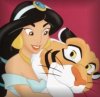 Static cartoon image of a woman with dark hair and a tiger, both rendered in 2D animation style against solid red background.