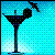 Pixelated image of a martini glass with black liquid and olive, set against blue-green pixel background.