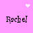 Pixelated text 'Rachel' repeated four times on a pink background with white pixel art symbols above and below.