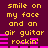 Pixelated text and pink bars on a dark purple background with yellow text reading 'smile on my face and an air guitar rockin' repeated twice.