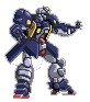 Pixelated mecha robot in blue and silver armor with yellow accents, green eye lights, red chest details, standing against gray background.