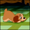 Animated cartoon dog with brown and tan fur lies on green checkered floor, head turning left to right