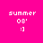 Pixelated text 'summer 08' and smiley ':]' on a split background of bright pink and coral, with the top-left section in solid magenta.