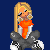 Pixel art buddy icon featuring a cartoon woman with blonde hair and orange top against dark blue background, surrounded by white text fragments forming "Jesus Loves Me This I Know".