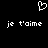 Black background with white pixelated heart symbol above two identical lines of French text reading 'je t'aime' in a retro digital font.