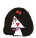 Two static pixel art images of a character with long black hair and red bow, one showing the figure from left side view with pink accents on white triangular body.
