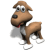 Animated brown dog with large eyes and red tongue, standing on white background in two sequential poses.