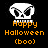 Pixelated white skull with black eye sockets and teeth on a black background, below orange text reading "Happy Halloween (boo)".