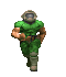 Pixelated character in green tactical gear and helmet running in four sequential poses against gray background.