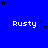 Blue background with repeated white text 'Rusty' and scattered black stars, some of which change position across frames.