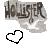 Pixelated grayscale text 'HOLLYWOOD' above a black-outlined white heart on a white background.
