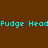 Pixelated cyan text "Fudge Head" overlays a brown background with two circular light gradients, one bright white and one soft beige.