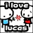 Pixelated icon with black text 'I love' at top and 'luce' at bottom, blue square on left, red shape on right, and pink star in center.