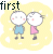 Two cartoon figures stand side-by-side against a yellow cloud-shaped background; the left figure wears blue shorts, the right pink dress.
