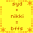 Yellow background with orange pixelated text and symbols arranged in a pattern, featuring repeated phrases 'syd + nikki = bffs' and asterisk-like shapes at corners