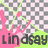 Pixelated icon with pink and green shapes over a gray-and-white checkered background, featuring partial text 'Lindsay' in dark letters.