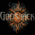 Pixelated static image of a stylized sunburst logo with text on either side, rendered in warm tones against black background.
