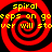 Four identical red and black spiral patterns arranged in a with yellow text overlaid on each spiral