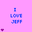 Pixelated pink background with blue text "I LOVE JEFF" and purple heart symbols in varying quantities across three