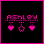 Pixel art contact sheet showing two frames of an animated AIM buddy icon with pink text and symbols on black background.
