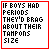 Pixelated comic strip with red-bordered showing text about boys and tampons, two stylized tampon icons, and a gray