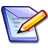 Pixelated icon of a blue-bordered document with light purple header and yellow pencil resting diagonally on its surface.
