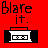 Red background with black pixelated text 'Blare it.' above a white and black boombox icon.