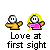 Pixel art of two figures with yellow hair and pink clothing against gray background, text "Love at first sight" below each pair, some frames show red hearts above heads.