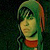 Pixelated profile of a person with green hair and red accents, wearing a dark top against a black background.