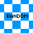 Blue and white pixelated checkered pattern with four instances of the word "RANDOM" in black block letters.