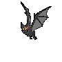 Pixelated bat character with yellow eyes and gray wings in multiple flying poses against light gray background.