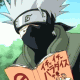 Anime character with silver hair and mask reading orange book with red symbols against green trees and blue sky.
