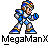 Pixel art of a blue and white armored character with a helmet, standing in a fighting pose with fists raised, labeled 'MegaManX' below.