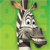 Pixelated zebra head with black-and-white stripes, large eyes, and brown-tipped ears against a green background.