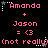 Pixelated text displays 'Amanda + Jason = <3 (not really)' in pink on black, with white star and dot accents, repeated in a pattern