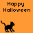 Pixelated black cat walking on orange background with "Happy Halloween" text above and below, gray partially obscures right side