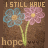 A static image shows two flowers with blue and pink petals, yellow centers, green stems on a brown textured background with repeated text "I STILL HAVE hope" in light brown.