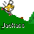 Pixelated animation of a yellow-clad figure with white helmet performing acrobatic moves on green terrain, text "Jackass" below.