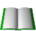 Animated sequence of an open book with green spine edges, showing page-flip motion