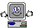 Two pixelated computer monitor icons with smiling faces and waving hands, displayed side-by-side on a gray background.