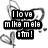 Black and white pixelated icon with three stacked text blocks reading "I love miku melo otmi" surrounded by abstract gray shapes.