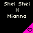 Pixelated text displays 'Shei Shei' above an 'X', then 'Mianna' below, with a pink triangular icon containing a heart symbol that shifts position across frames.