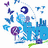 Pixelated icon with blue butterflies, purple flowers, and green stems on white background; central text 'laugh' in bold green letters.