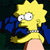 Pixelated cartoon character with yellow hair and blue clothing holding a pink object against a dark background.