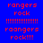 Pixelated text displays 'rangers rock' variations with exclamation marks on blue, purple, and pink backgrounds in a