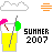 Animated contact sheet of a summer-themed buddy icon featuring a yellow drink with lime and pink umbrella, changing text colors and heart symbols across frames.