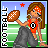Pixel art contact sheet showing two frames of an animated AIM buddy icon featuring a female character holding a football on a sports field background with star and text elements.