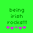 Green background with pixelated text 'being irish rocks!!!' and five pink/purple star-like symbols below, two versions of the same design side-by-side.
