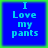 Four identical blue square with light blue text "I Love my pants" on a green background, arranged in a